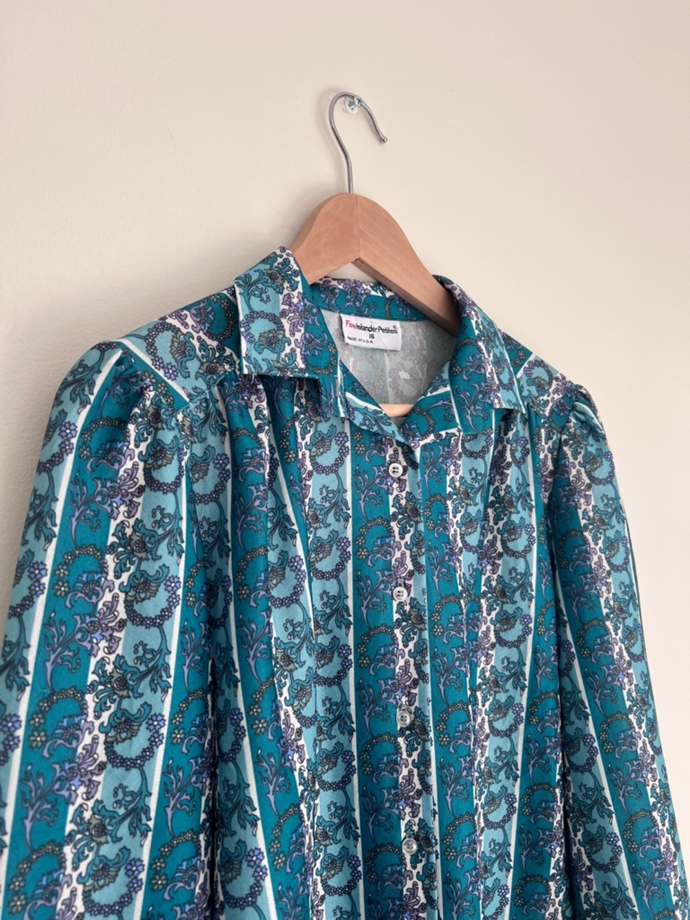 Teal Patterned Button-Up Blouse